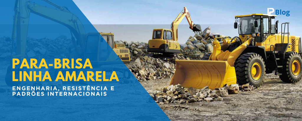 Para-brisa linha amarela laminado instalado em escavadeira Komatsu PC210, vidro certificado ABNT